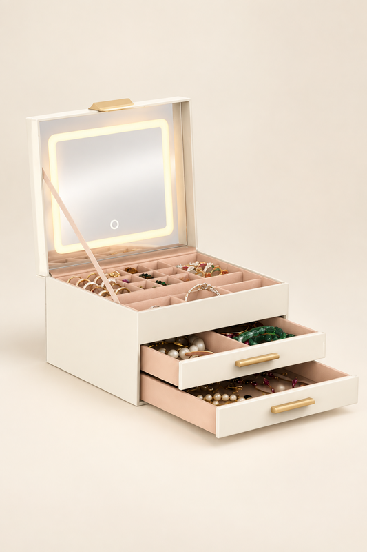 Cream Haloelle Glow jewelry box on an ivory backdrop with the LED mirror lit and both drawers open